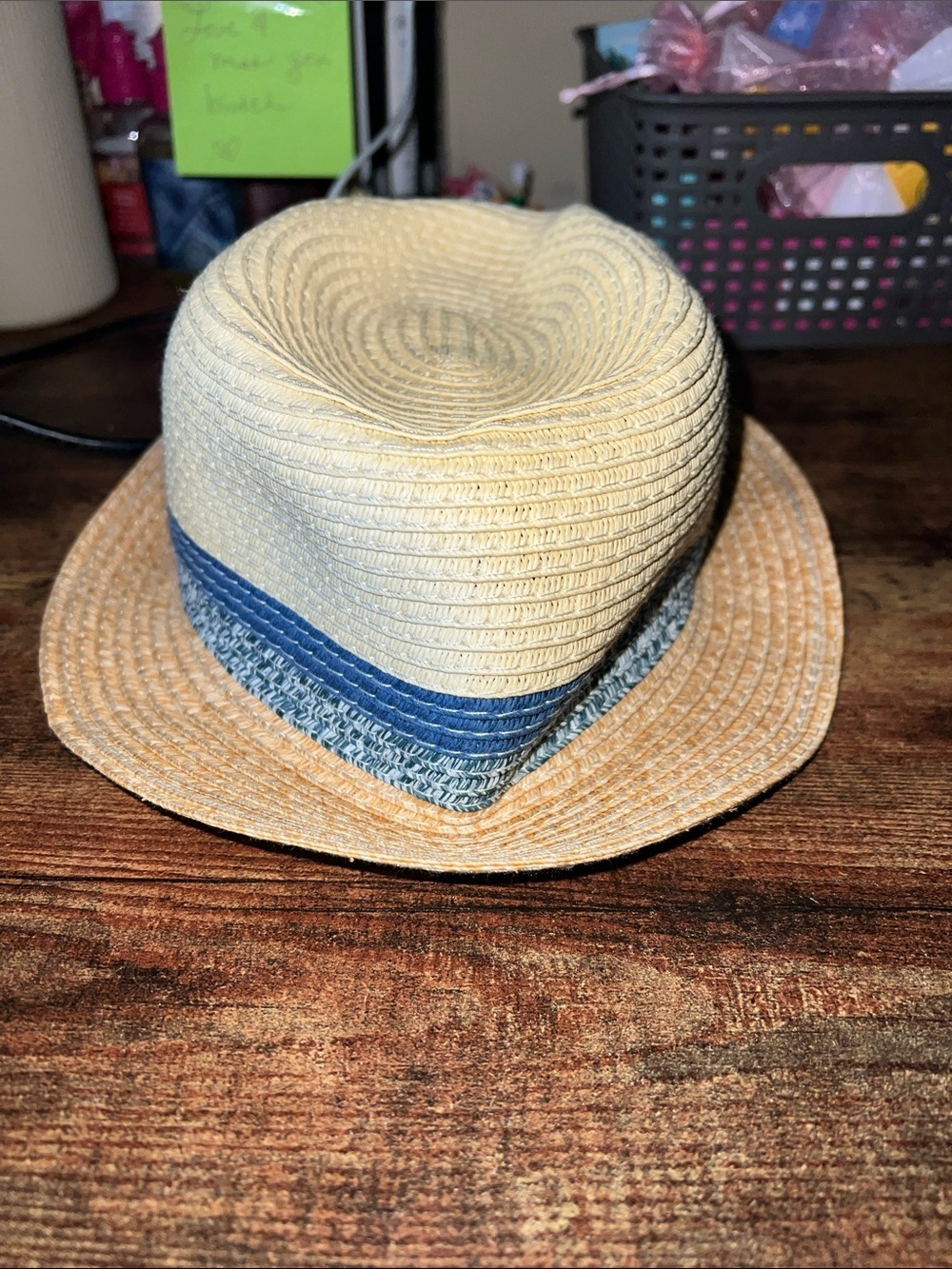 Kids Beige Straw Hat Blue Striped Band Brown Accent Classic Style